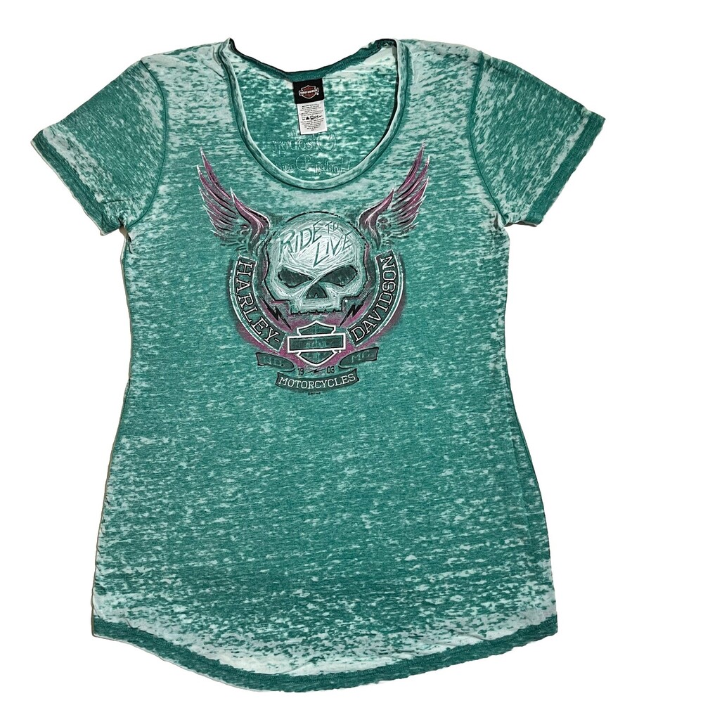 Vintage Harley Davidson Skull Wings Okoboji IA Biker Semi Sheer T Shirt Shield